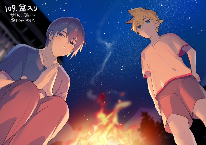 2boys, blonde_hair, blue_eyes, blue_hair, blue_shirt, bonfire, commentary, fire