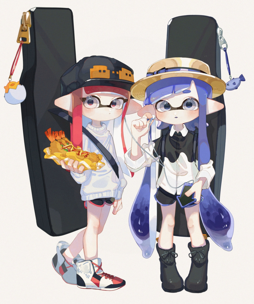 2girls, absurdres, ankle_boots, bangs, baseball_cap, black_footwear, black_headwear, black_shorts