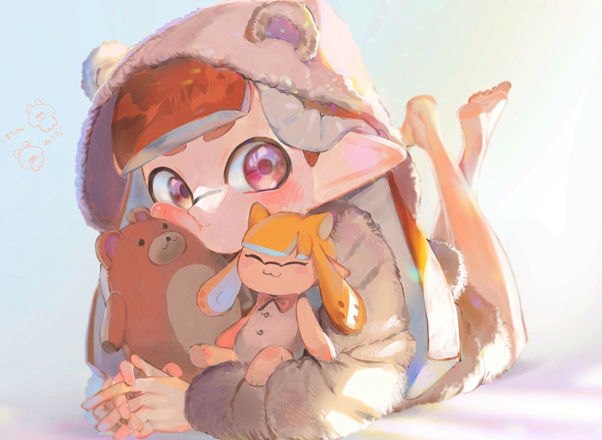 1girl, bangs, barefoot, bear_hood, blunt_bangs, blunt_ends, brown_coat, character_doll