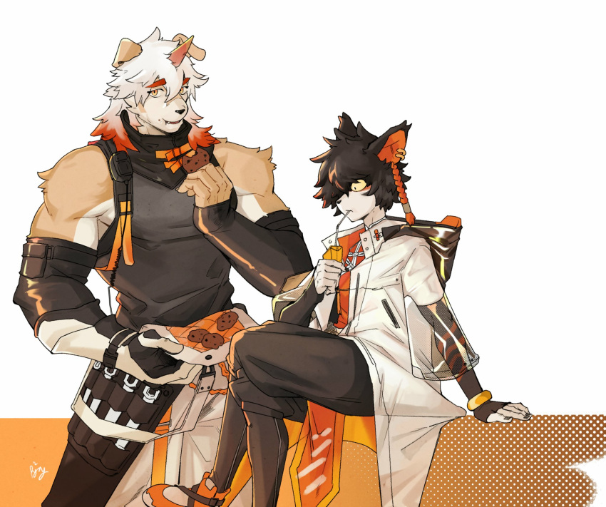 2boys, aak_(arknights), animal_ears, arknights, bangs, bara, bare_shoulders, black_hair, chest, cropped_torso, dog_ears, furry, hair_between_eyes, highres, horns, hung_(arknights), male_focus, multicolored_hair, multiple_boys, muscle, orange_hair, p2yong, single_horn, sleeveless, streaked_hair, white_hair