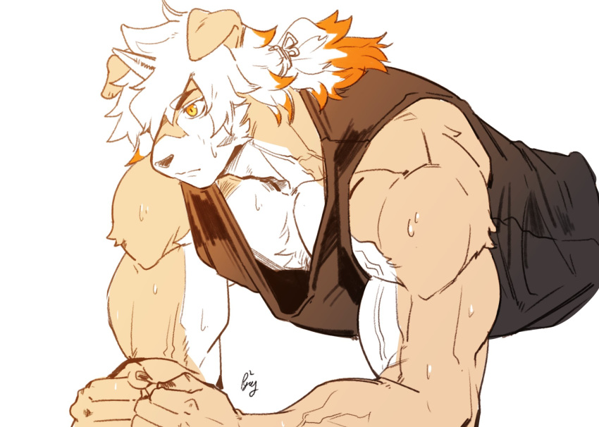 1boy, animal_ears, arknights, bangs, bara, chest, cropped_torso, dog_ears