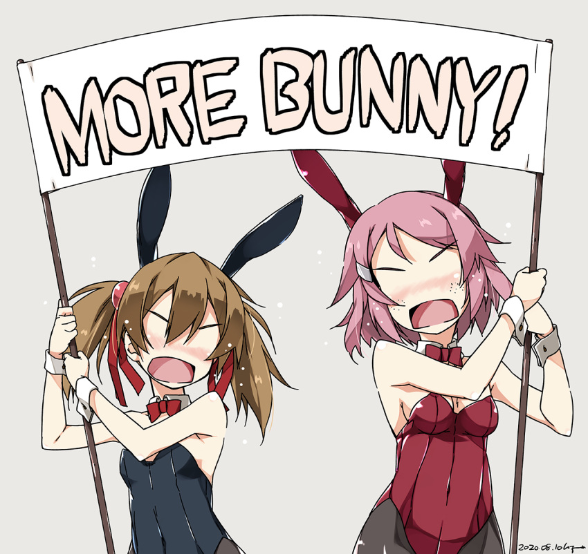 2girls, animal_ears, bangs, banner, bare_shoulders, black_leotard, blush, bow