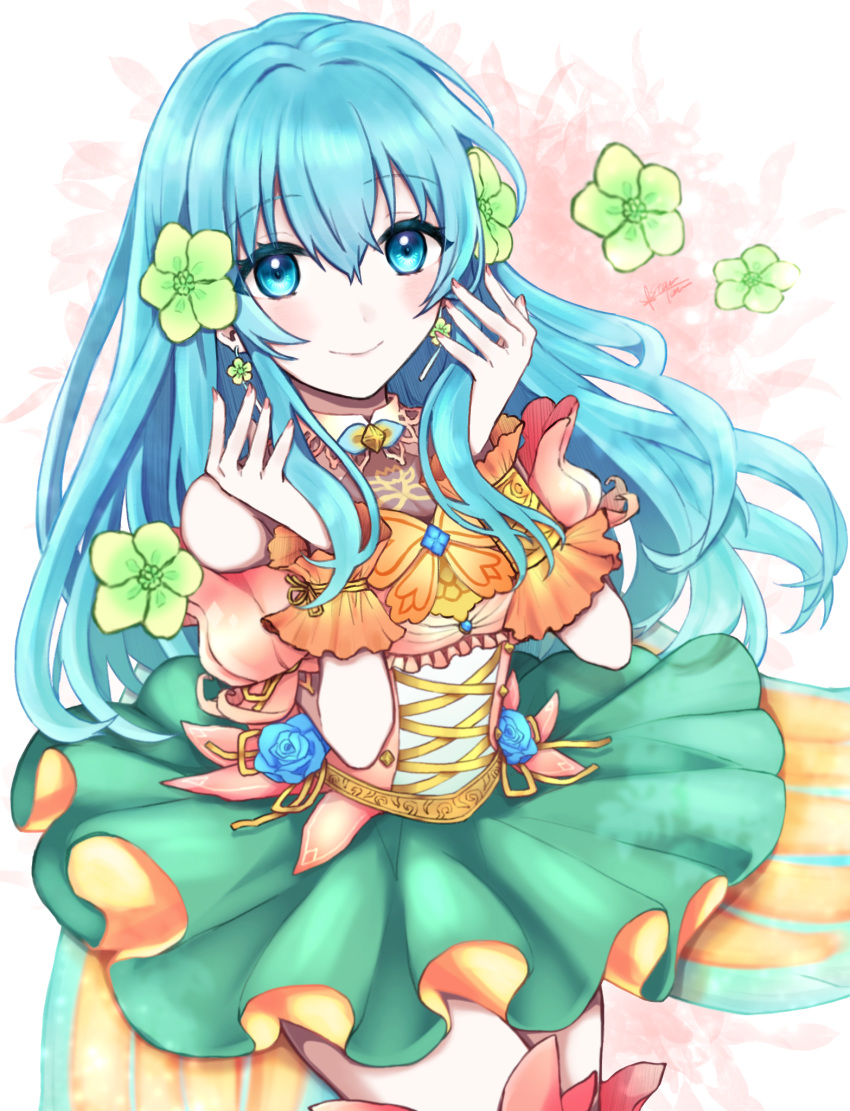 1girl, 504723f, aqua_hair, bangs, bare_shoulders, blue_eyes, boots, bracelet