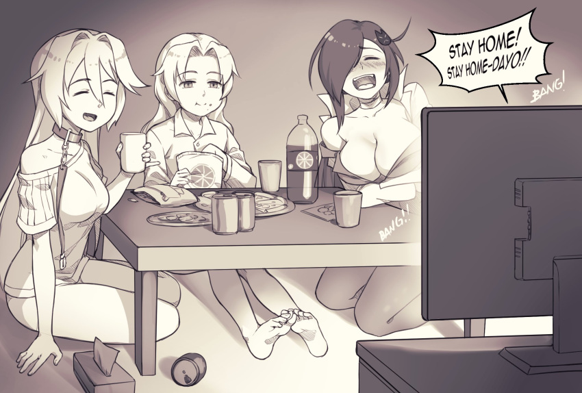100_percent_orange_juice, 3girls, :d, bangs, barefoot, blush, bottle, breasts, can, chips, closed_eyes, closed_mouth, collar, collared_shirt, cup, eating, food, food_on_face, hair_ornament, hair_over_one_eye, highres, holding, holding_cup, hololive, kiriko_(orange_juice), large_breasts, laughing, leash, maritan_(pixelmaritan), monochrome, multiple_girls, off-shoulder_shirt, off_shoulder, one_eye_covered, open_mouth, orange_juice, parted_bangs, pinky_out, pizza, pizza_slice, sakura_miko, shirt, sitting, smile, star_breaker, table, television, yokozuwari