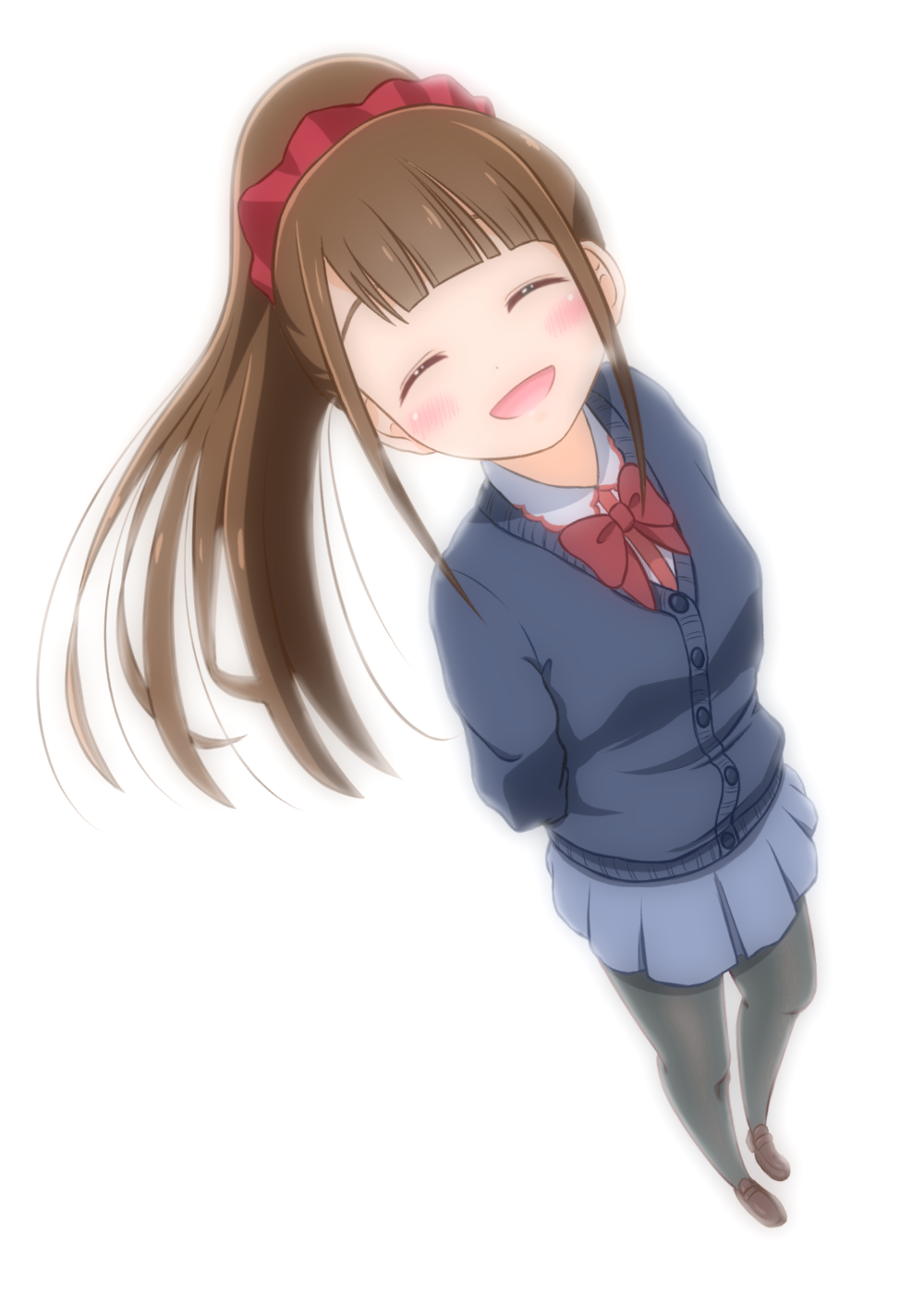 1girl, arms_behind_back, backlighting, bangs, black_legwear, blue_cardigan, blue_skirt, blunt_bangs