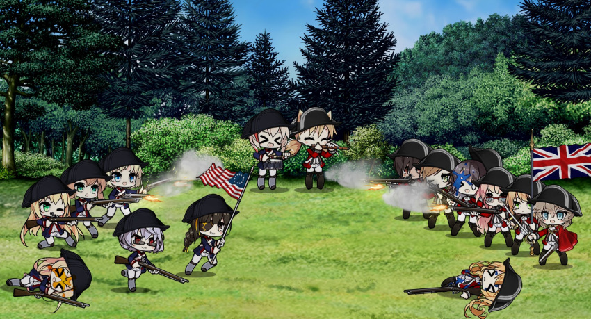 >_<, 6+girls, american_revolution, animal_ears, antique_firearm, bicorne, blonde_hair, blue_eyes