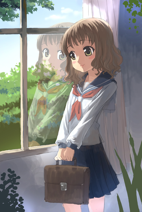 blush, light_brown_hair, reflection, school_bag, school_uniform, serafuku, shirane_taito, standing