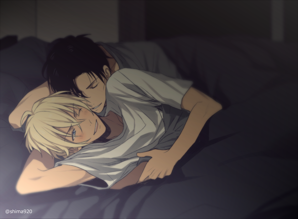 2boys, ;), akai_shuuichi, amuro_tooru, arm_behind_head, black_hair, blonde_hair, blue_eyes, blurry, blush, commentary_request, couple, dark_skin, dark_skinned_male, depth_of_field, grey_shirt, hair_between_eyes, hug, hug_from_behind, lying, male_focus, mashima_shima, meitantei_conan, multiple_boys, on_side, one_eye_closed, parted_lips, shirt, smile, twitter_username, under_covers, white_shirt, yaoi