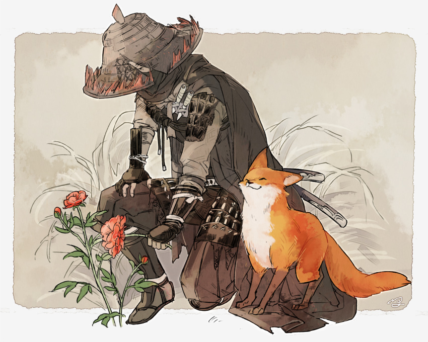 1boy, animal, armor, black_armor, black_cape, cape, flower, fox
