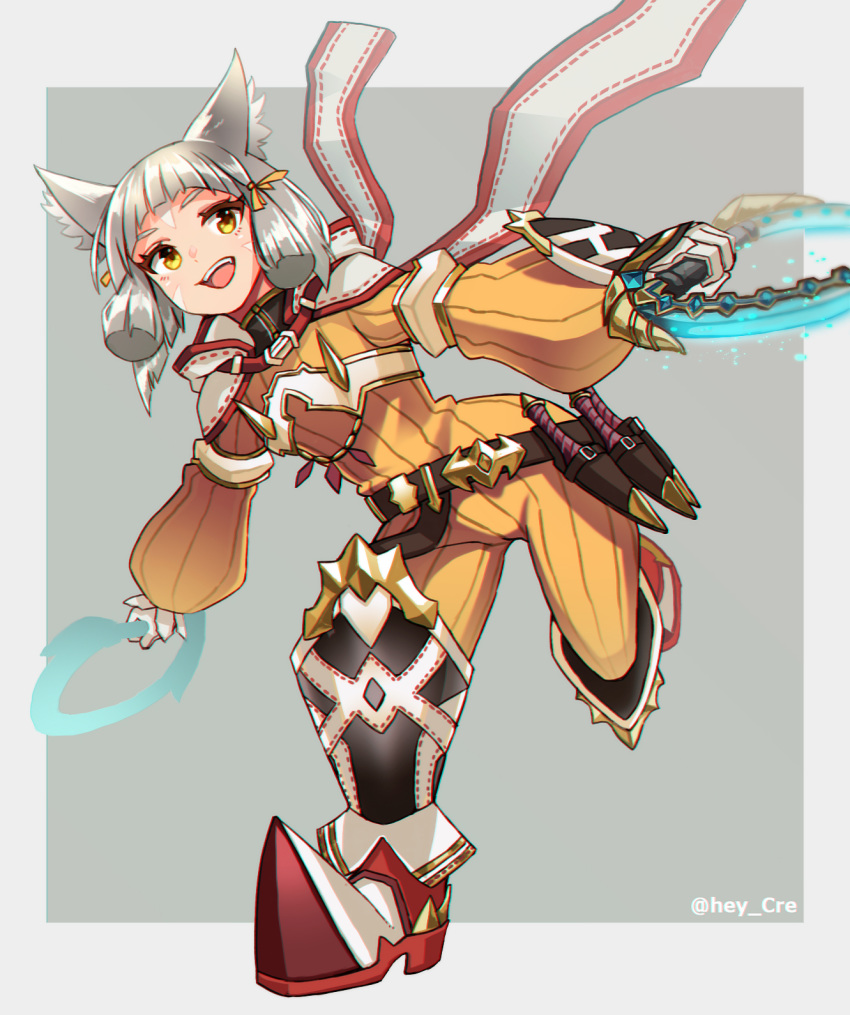 1girl, :d, animal_ears, bodysuit, boots, cat_ears, chakram, dual_wielding