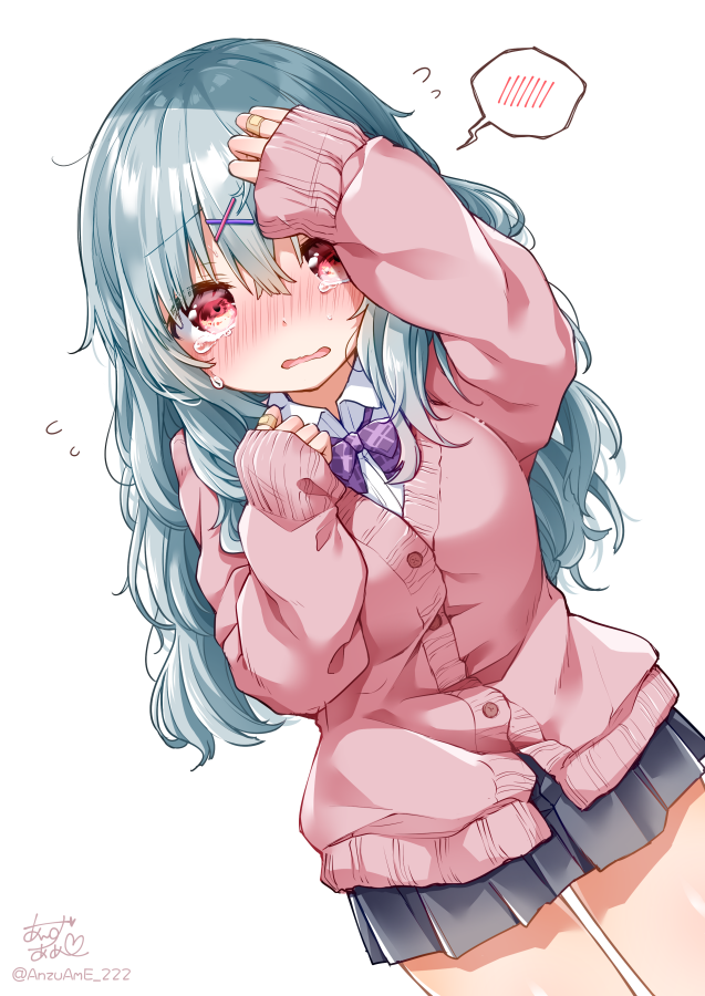 1girl, anzu_ame, arm_up, bangs, black_skirt, blue_hair, blush, bow