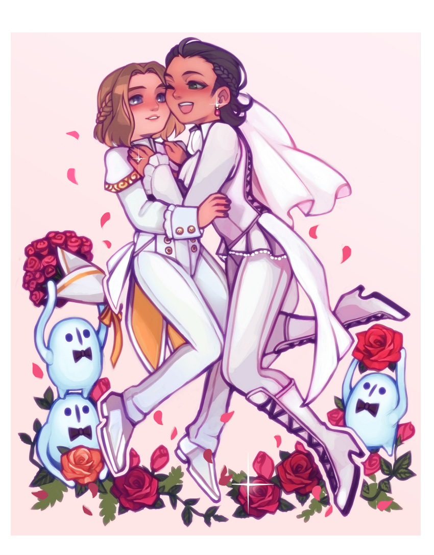 2boys, absurdres, blonde_hair, blue_eyes, blush, boots, bouquet, bow