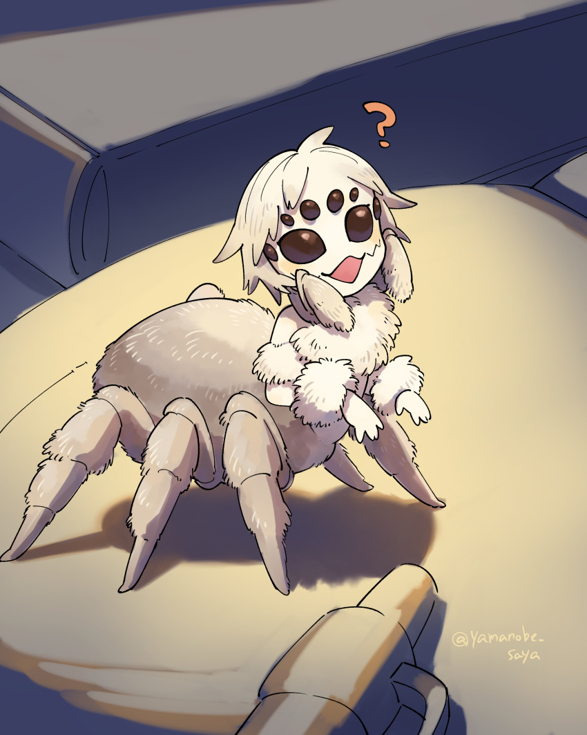 1girl, ?, absurdres, animal_focus, arachne, book, commentary_request, english_commentary, extra_eyes, fluffy, full_body, highres, insect_girl, looking_at_viewer, mikuromono, minigirl, mixed-language_commentary, monster_girl, no_humans, open_mouth, original, pen, shadow, solo, spider_girl, standing, twitter_username