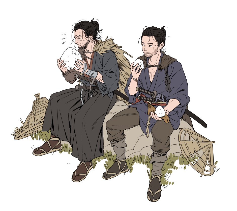 2boys, black_cape, black_hair, black_hakama, black_pants, cape, chewing, closed_eyes, closed_mouth, collarbone, commentary, eating, facial_hair, flying_sweatdrops, food, full_body, ghost_of_tsushima, grass, hair_bun, hakama, hand_up, hand_wraps, hands_up, happi, hat, holding, holding_food, japanese_clothes, jin_(ghost_of_tsushima), katana, looking_at_another, male_focus, messy_hair, multiple_boys, ninjatou, onigiri, oversized_food, pants, rock, ryuzo_(ghost_of_tsushima), sandals, sash, sheath, sheathed, short_hair, short_sword, simple_background, sitting, straw_cape, straw_hat, stubble, sweatdrop, sword, tabi, teardrop, weapon, white_background, yukko93