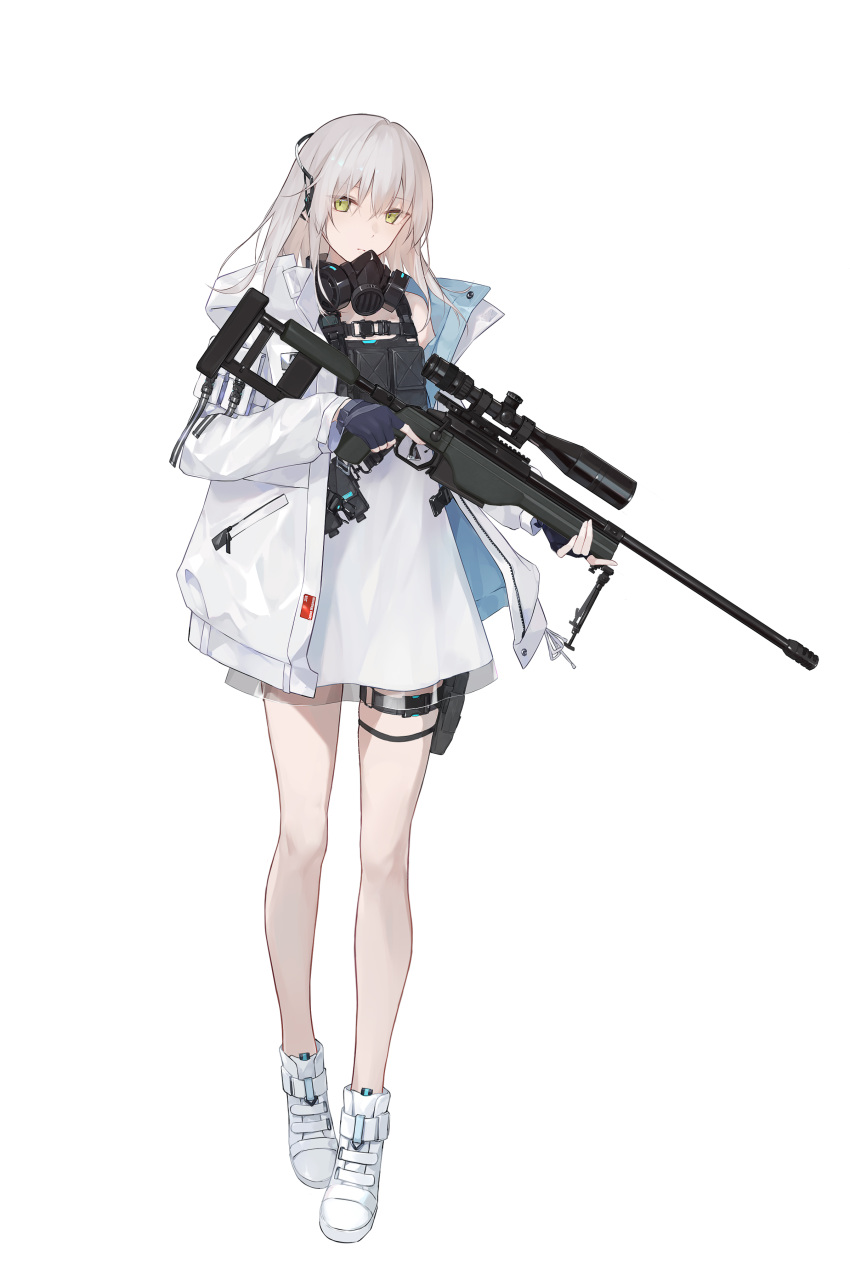 1girl, absurdres, bare_legs, blonde_hair, blue_gloves, body_armor, character_request, eyebrows_visible_through_hair