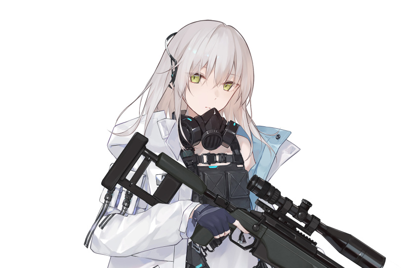 1girl, blonde_hair, blue_gloves, body_armor, character_request, eyebrows_visible_through_hair, fingerless_gloves, gas_mask