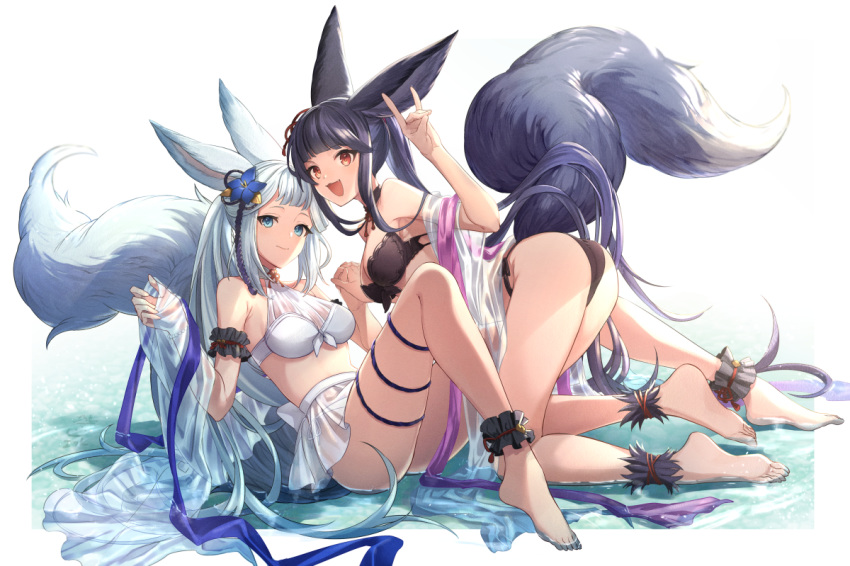 2girls, :d, animal_ears, ass, bangs, bare_shoulders, barefoot, bell
