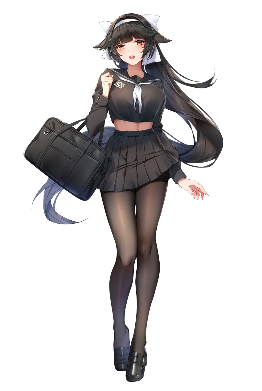1girl, :d, absurdres, azur_lane, bag, bangs, black_footwear, black_hair