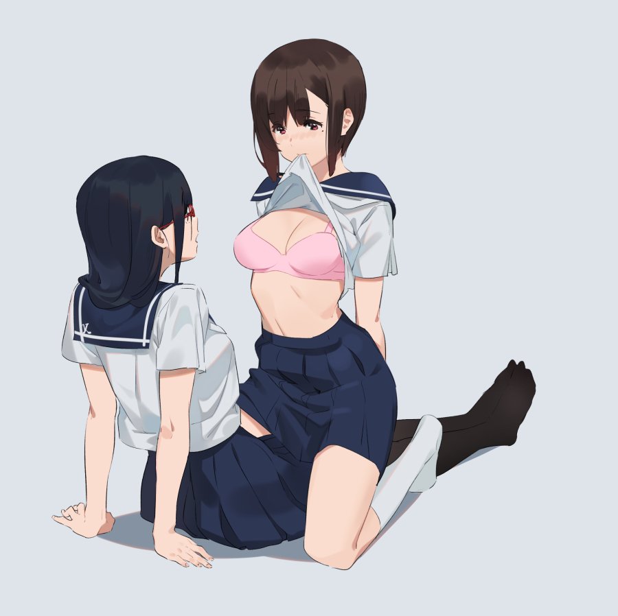 2girls, bra, glasses, hibike!_euphonium, kamo_kamen, kitauji_high_school_uniform, lifted_by_self, long_hair, mouth_hold, multiple_girls, nakaseko_kaori, red-framed_eyewear, school_uniform, straddling, tanaka_asuka, underwear, yuri