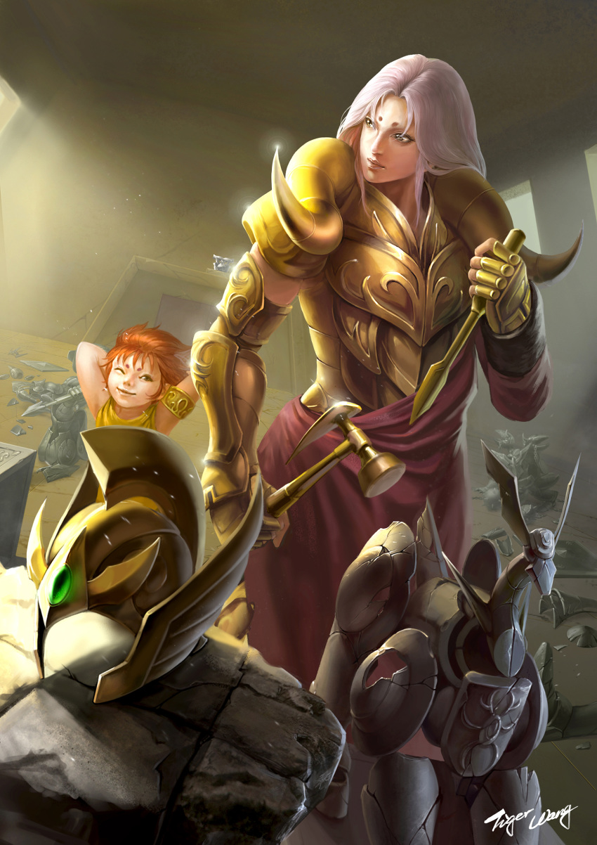 aries_mu, armor, golden_armor, kiki_(saint_seiya), long_hair, purple_hair, saint_seiya, tool