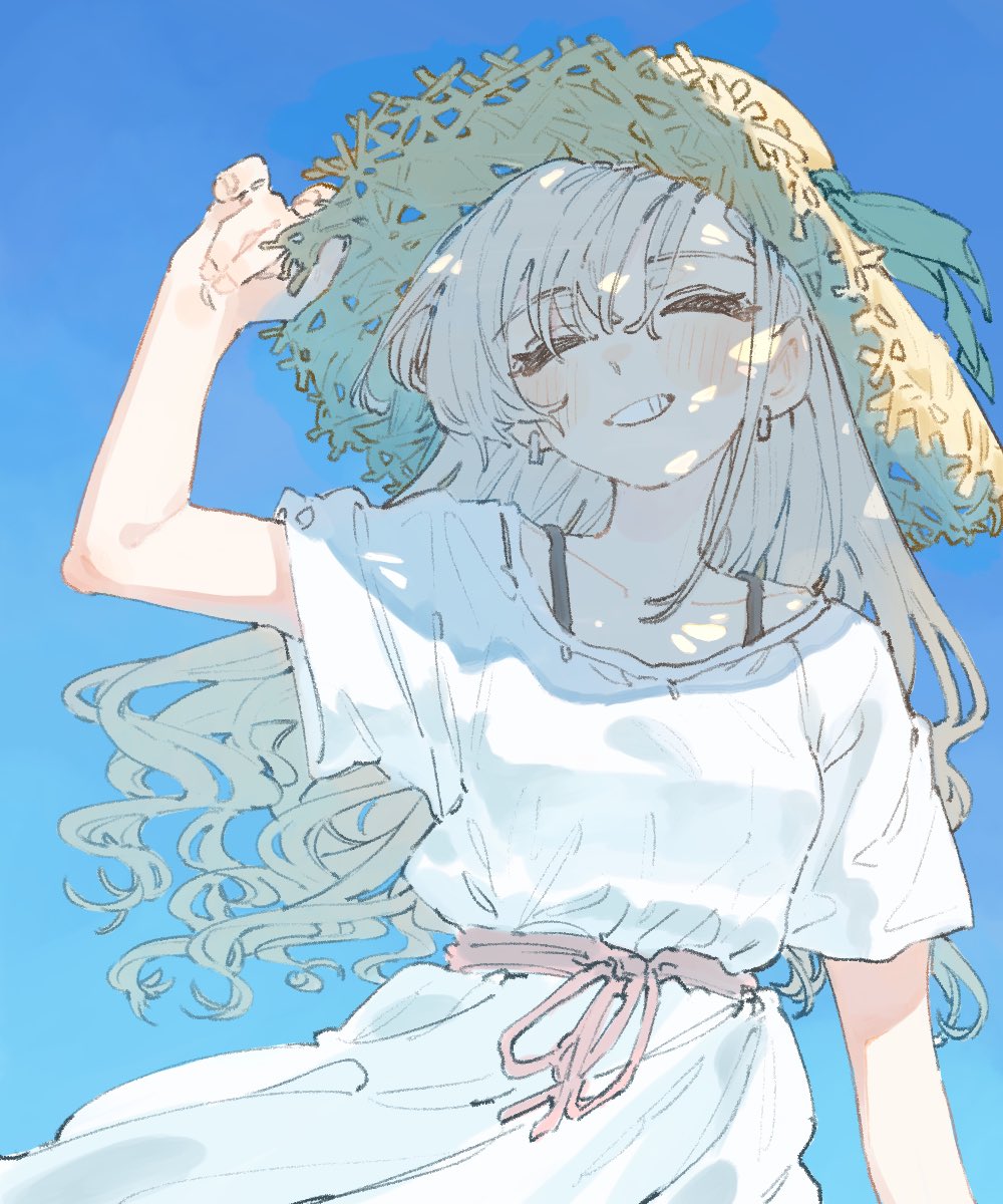 1girl, blue_sky, blush, closed_eyes, collarbone, commentary_request, dress, earrings