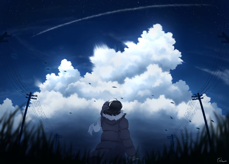 arm_up, artist_name, black_hair, blurry_foreground, brown_coat, coat, condensation_trail, cumulonimbus_cloud