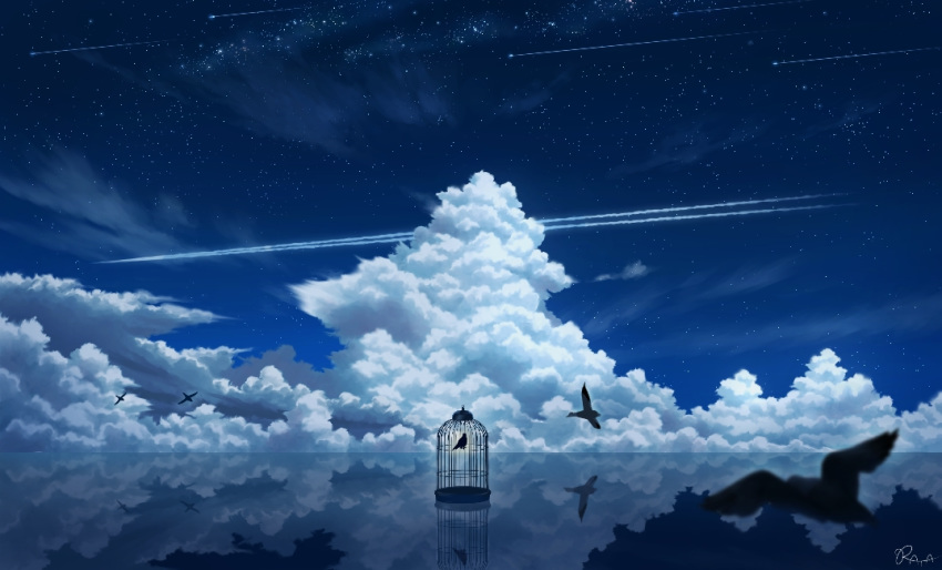 artist_name, bird, birdcage, cage, condensation_trail, cumulonimbus_cloud, no_humans, original