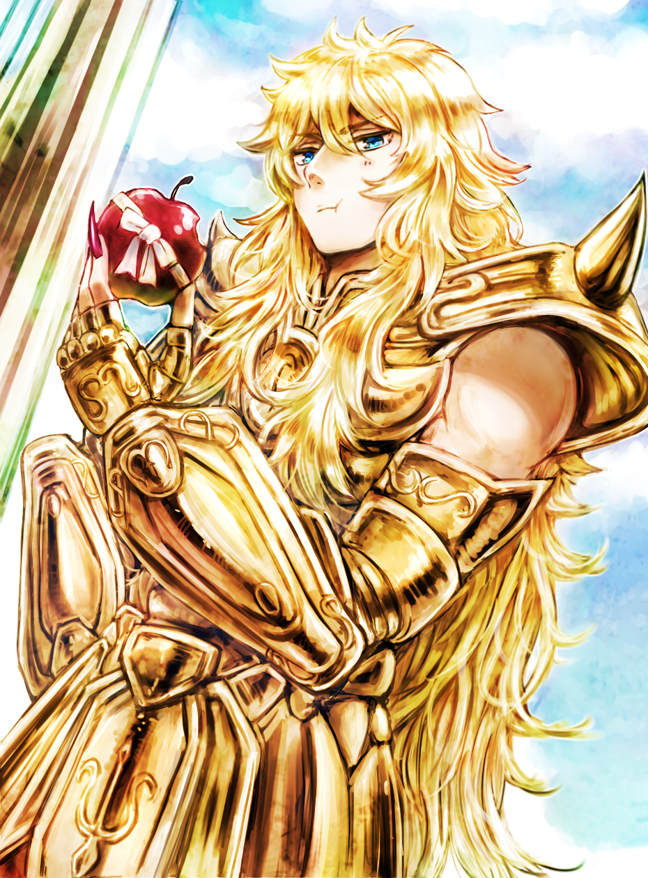 1boy, apple, armor, blonde_hair, blue_eyes, blue_sky, eating, golden_armor