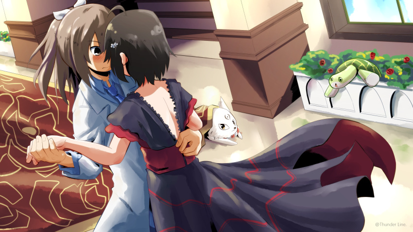 2girls, ahoge, alternate_costume, back, back_cutout, black_dress, black_hair, blush