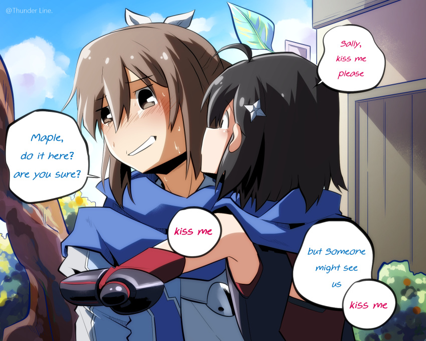 2girls, ahoge, armor, armpit_peek, black_hair, blush, brown_eyes, brown_hair