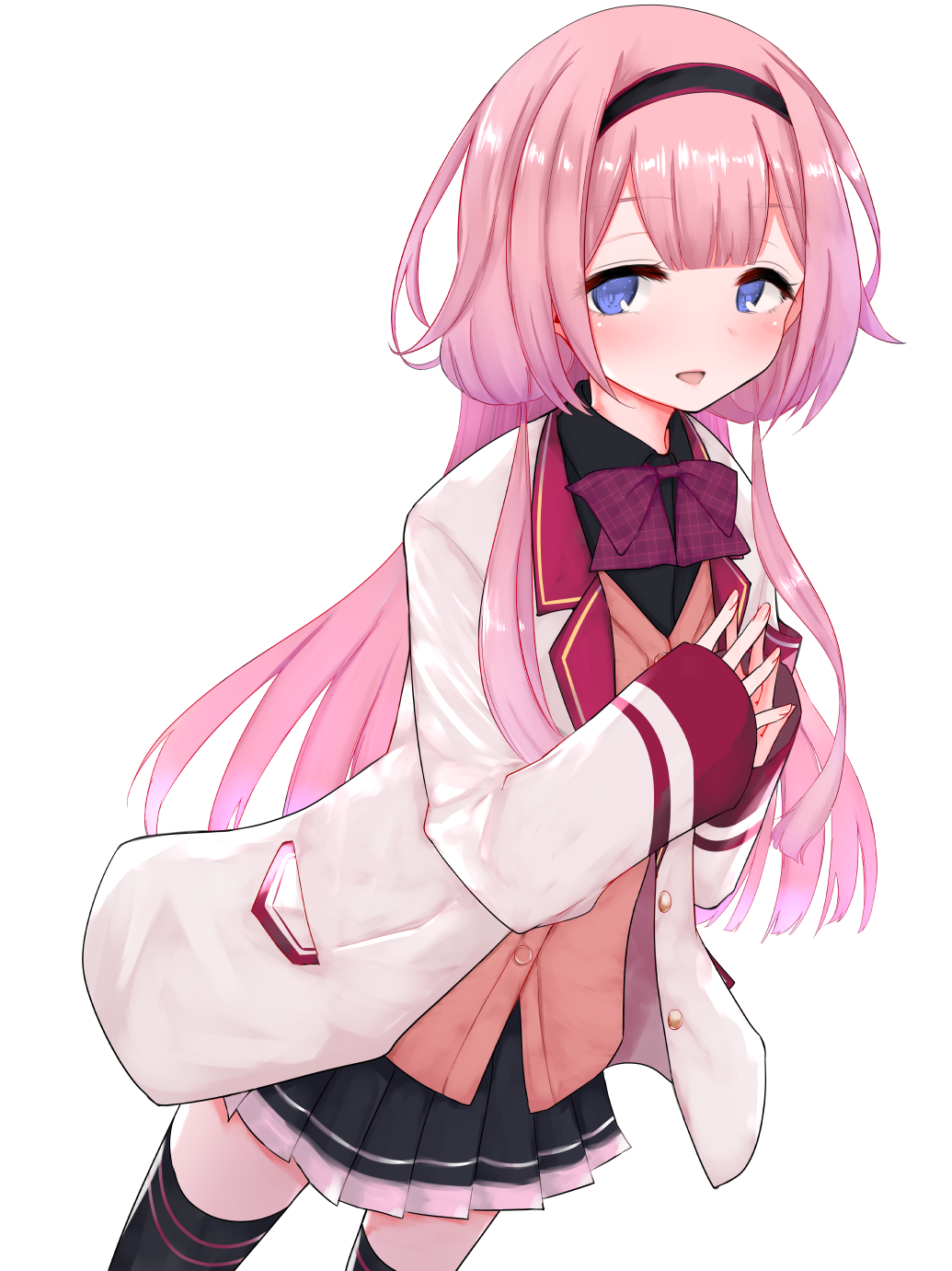 1girl, bangs, black_hairband, black_legwear, black_shirt, black_skirt, blue_eyes, blush