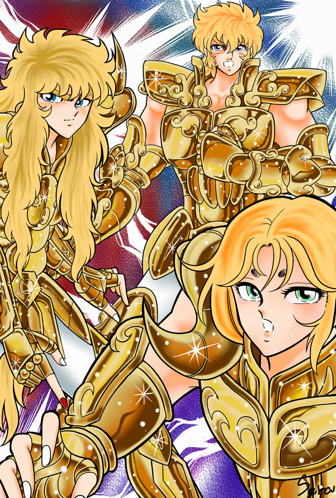 3boys, aries_mu, armor, blonde_hair, blue_eyes, clenched_hand, clenched_teeth, golden_armor