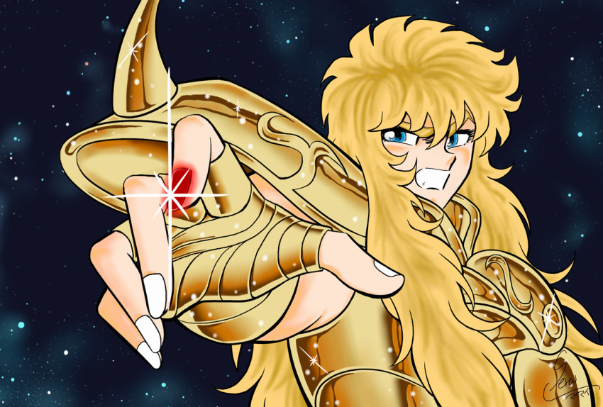 1boy, armor, blonde_hair, blue_eyes, clenched_teeth, golden_armor, long_fingernail, long_hair