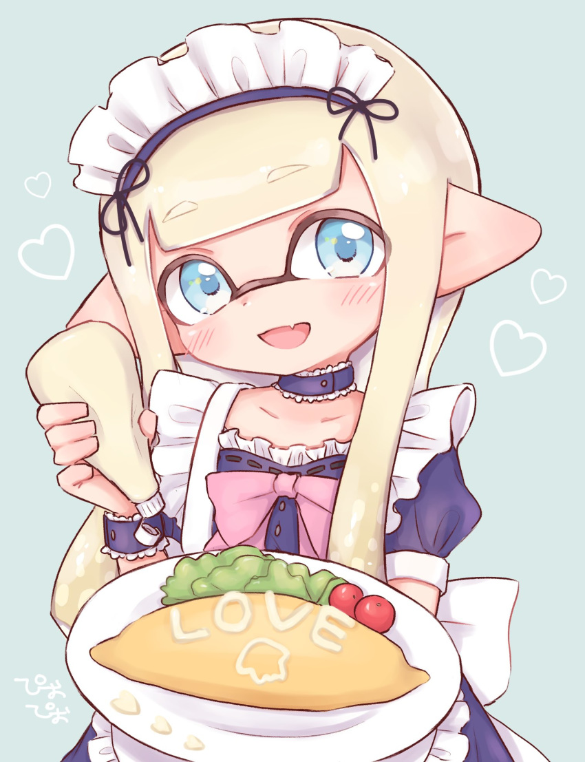 1girl, apron, aqua_eyes, artist_name, back_bow, bangs, black_choker, blue_dress, blunt_bangs, bottle, bow, choker, commentary, cute, domino_mask, dress, eyebrows_visible_through_hair, fang, food, frilled_apron, frilled_choker, frilled_cuffs, frills, green_background, head_tilt, heart, highres, holding, holding_bottle, holding_plate, inkling, long_hair, looking_at_viewer, maid, maid_apron, maid_headdress, mask, mayonnaise, mayonnaise_bottle, nintendo, nintendo_ead, omurice, pink_bow, pioxpioo, plate, pointy_ears, puffy_short_sleeves, puffy_sleeves, short_sleeves, signature, skin_fang, solo, splatoon_(series), splatoon_2, squid_girl, tentacle_hair, upper_body, white_apron, white_bow, white_headwear
