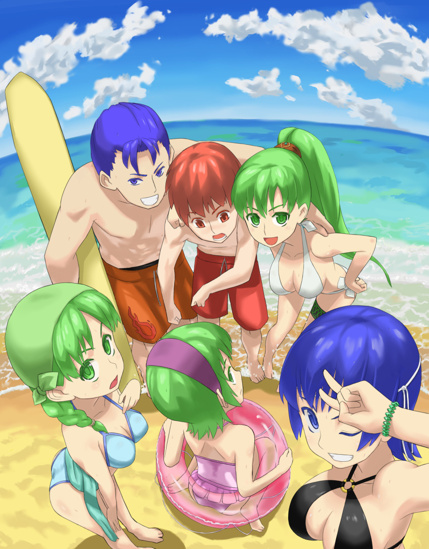 2boys, 3girls, adult, bandana, beach, bikini, black_bikini, blue_bikini
