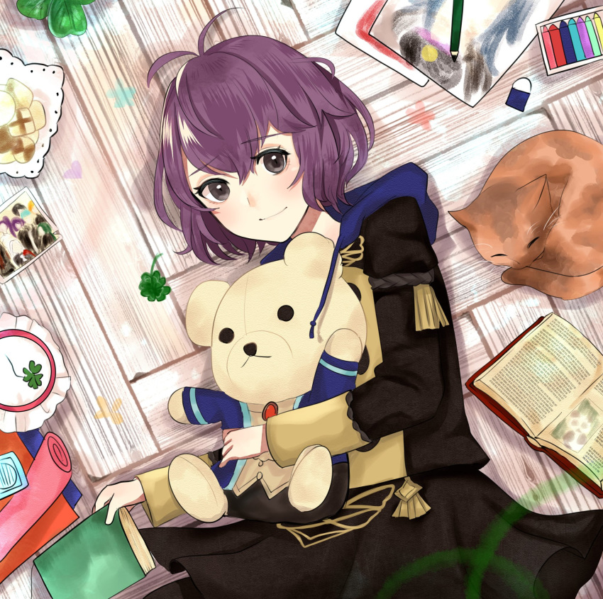 1girl, 1other, animal, bernadetta_von_varley, book, byleth_eisner_(female), caspar_von_bergliez, cat, character_print, clover, crayons, cute, edelgard_von_hresvelg, eraser, feline, ferdinand_von_aegir, fire_emblem, fire_emblem:_three_houses, fire_emblem:_three_houses, fire_emblem_16, food, garreg_mach_monastery_uniform, hubert_von_vestra, human, intelligent_systems, linhardt_von_hevring, loli, looking_at_viewer, lying, mammal, nintendo, otoagame, painting_(object), pencil, petra_macneary, purple_hair, stuffed_toy, teddy_bear, violet_eyes