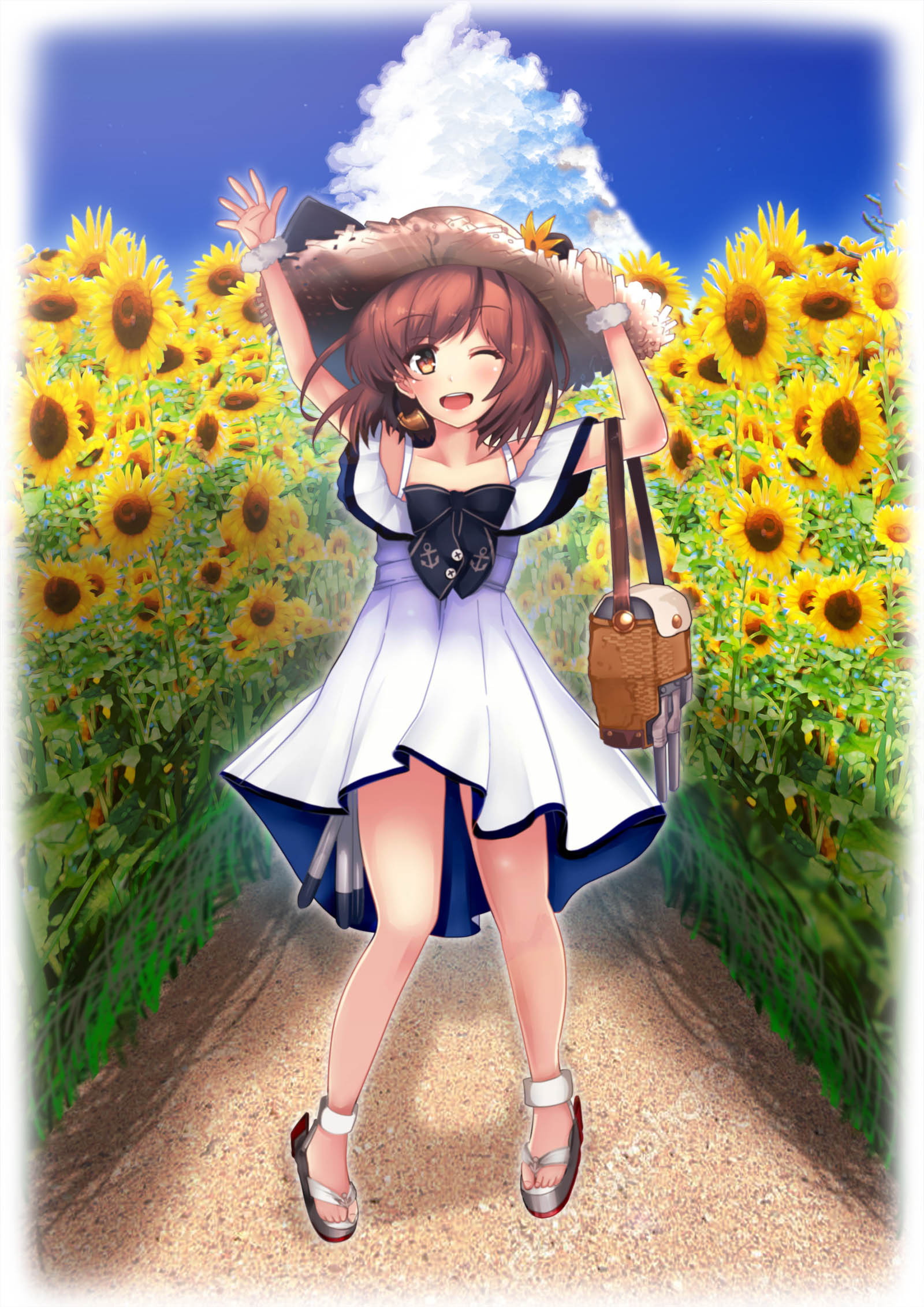 1girl, alternate_costume, blue_sky, brown_eyes, brown_hair, day, dress, field