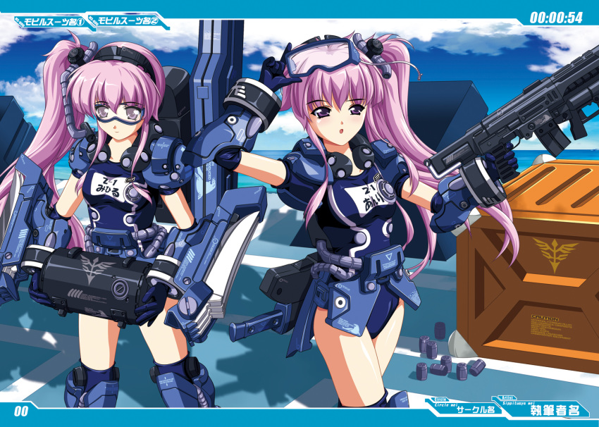 2girls, :o, bangs, goggles, goggles_on_head, gun, gundam, gundam_unicorn