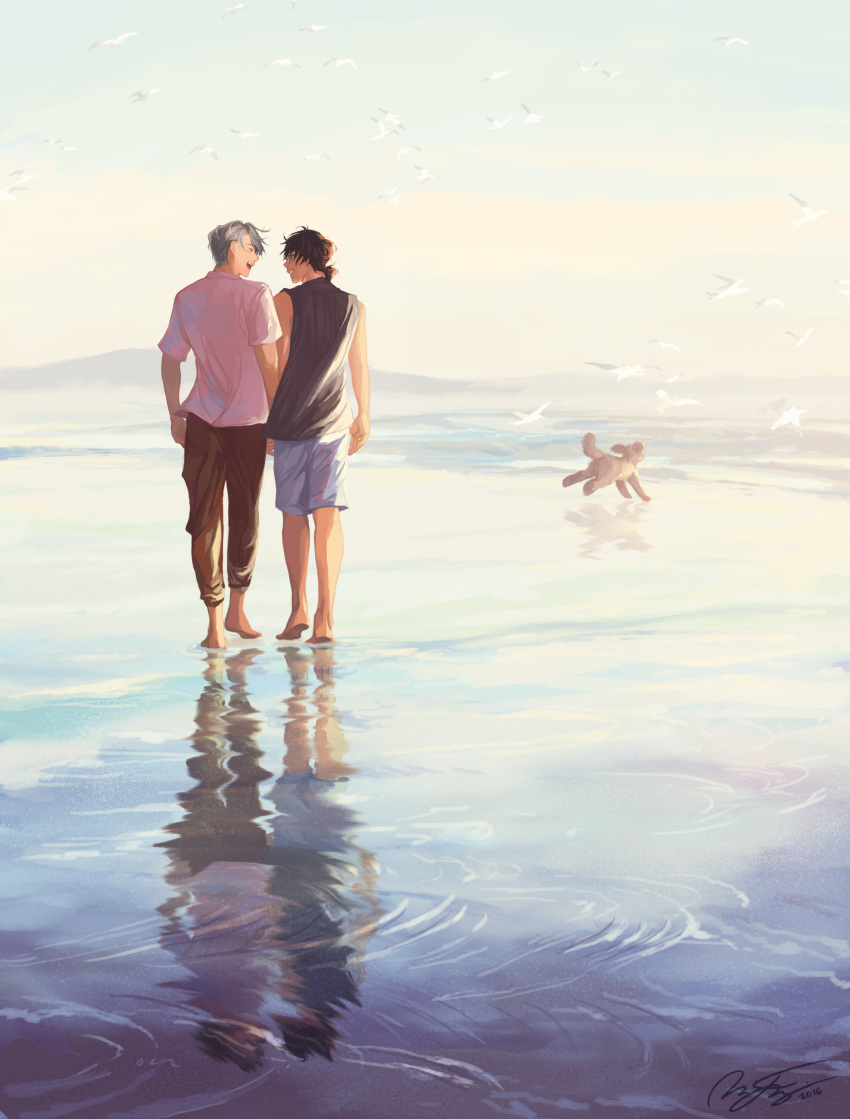 2boys, absurdres, barefoot, black_hair, dog, highres, male_focus, mikkapi, multiple_boys, pants, ripples, shirt, short_hair, shorts, signature, viktor_nikiforov, water, white_hair, yaoi, yuri!!!_on_ice, yuri_plisetsky