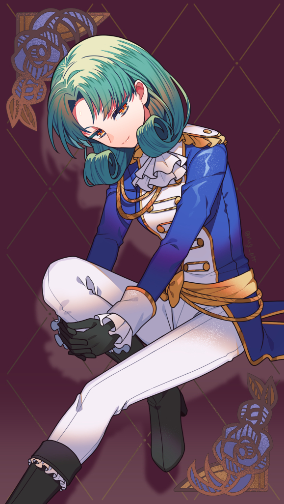 1girl, alternate_costume, aqua_hair, argyle, argyle_background, ascot, black_footwear, black_gloves