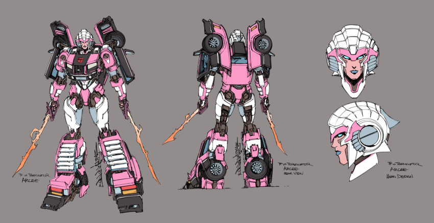 1girl, alex_milne, arcee, autobot, blue_eyes, blue_lips, character_name, close-up, concept_art, copyright_name, dual_wielding, english_commentary, grey_background, highres, holding, holding_sword, holding_weapon, multiple_views, no_humans, official_art, production_art, standing, sword, terminator, transformers, transformers_vs._the_terminator, weapon
