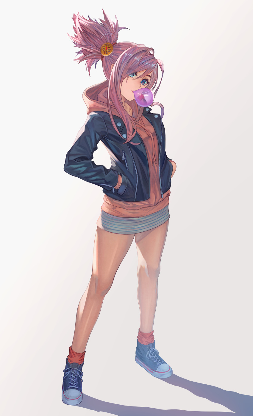 1girl, absurdres, blue_eyes, breasts, bubble_blowing, casual, fate/grand_order, fate_(series)