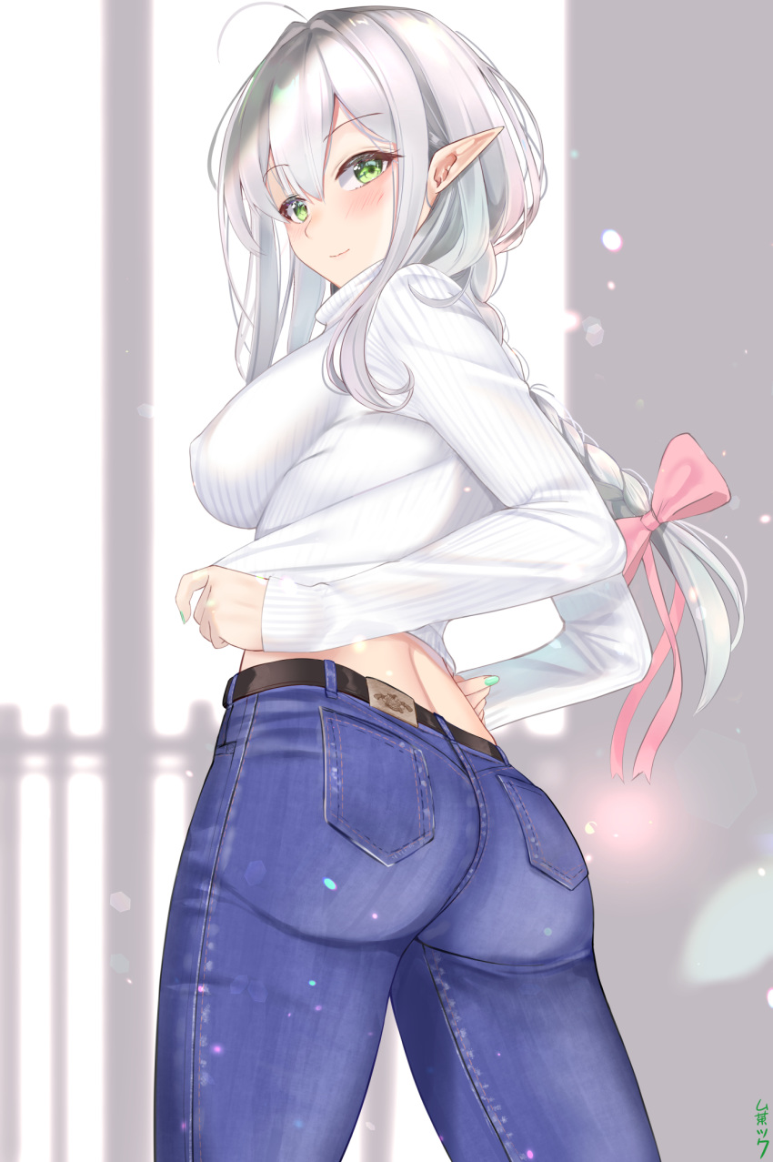 1girl, ass, belt, bow, braid, breasts, closed_mouth, covered_nipples