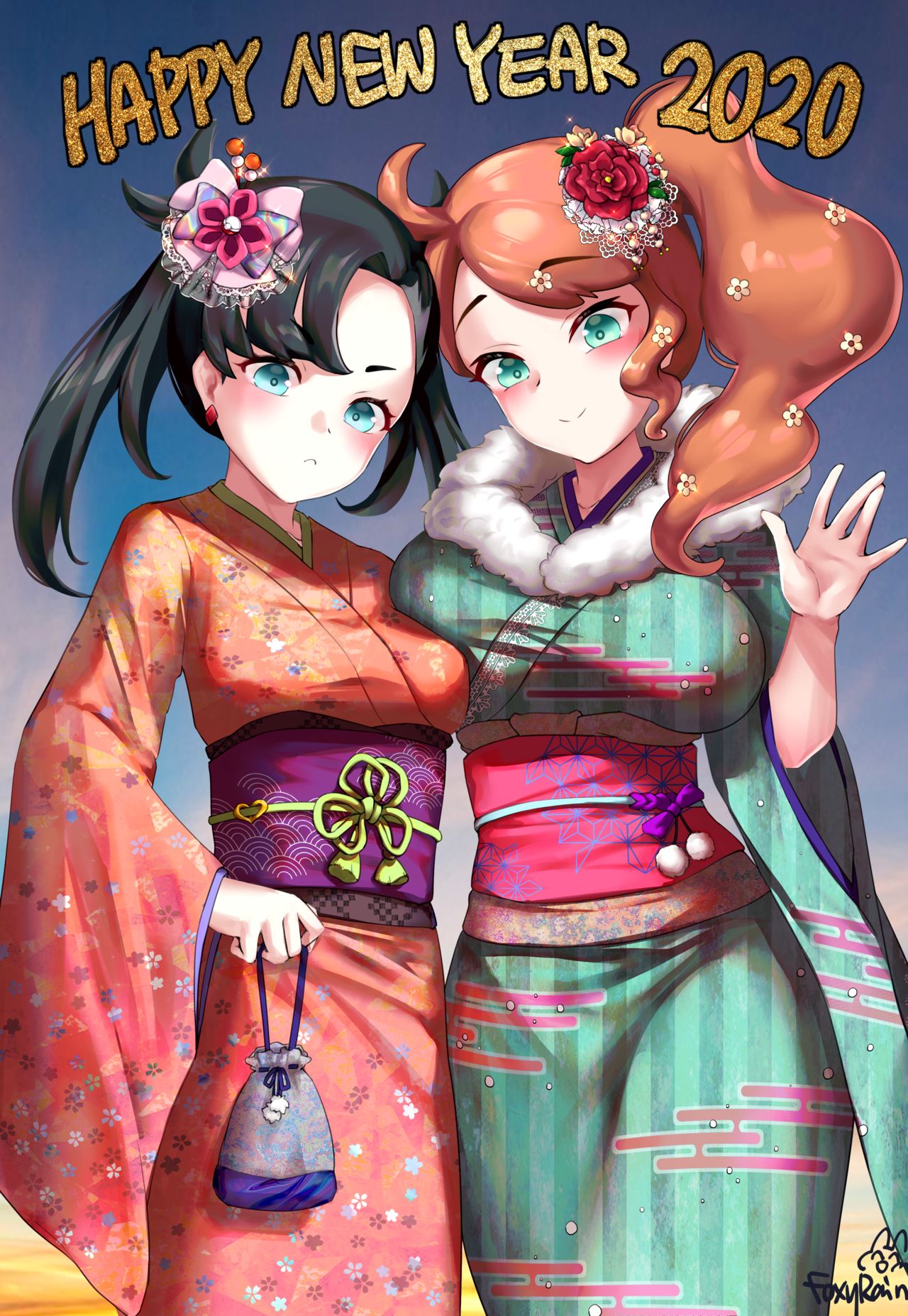 2girls, aqua_eyes, artist_name, asymmetrical_bangs, bangs, black_hair, blush, breasts
