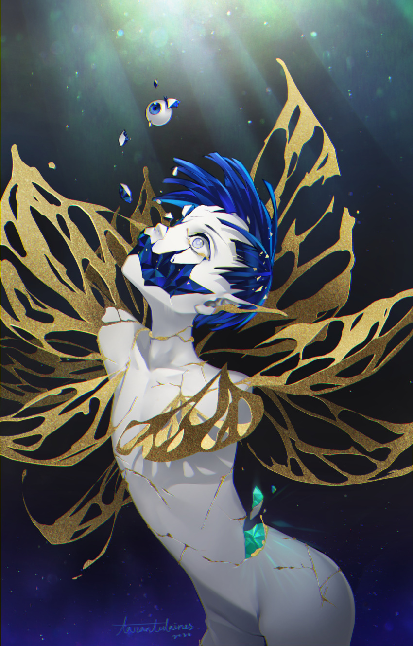 1other, absurdres, amputee, androgynous, blue_eyes, broken, crack, cracked
