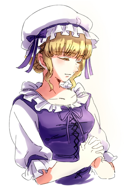 1girl, alouette_(la_danse_macabre), blonde_hair, closed_eyes, dress, hands_clasped, hat, hat_ribbon