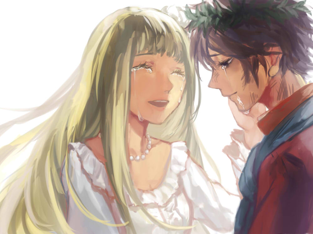 1boy, 1girl, alouette_(la_danse_macabre), blonde_hair, brown_hair, closed_eyes, couple, death