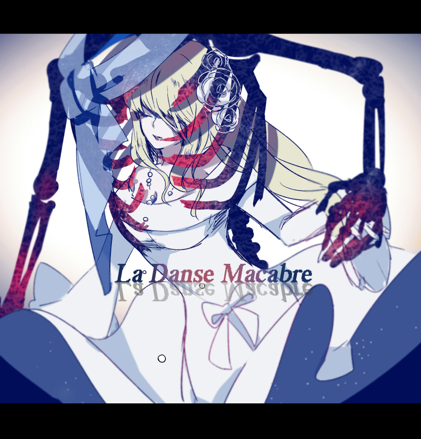 1girl, alouette_(la_danse_macabre), blonde_hair, closed_eyes, dress, flower, hair_flower, hair_ornament