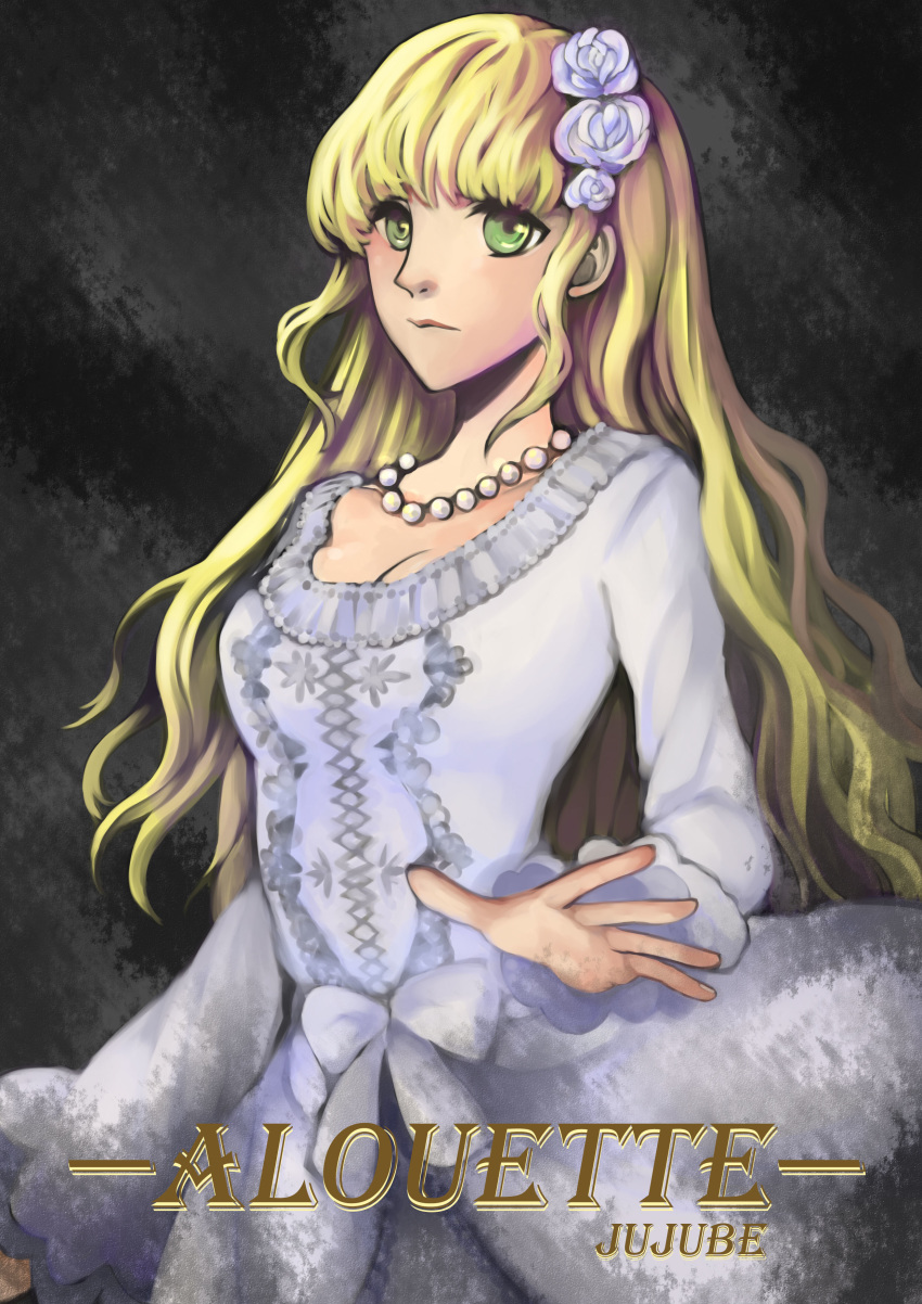 1girl, absurdres, alouette_(la_danse_macabre), blonde_hair, dress, flower, green_eyes, hair_flower