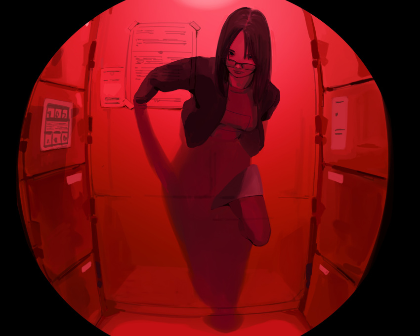 1girl, absurdres, closed_mouth, ghost, glasses, highres, horror_(theme), long_hair